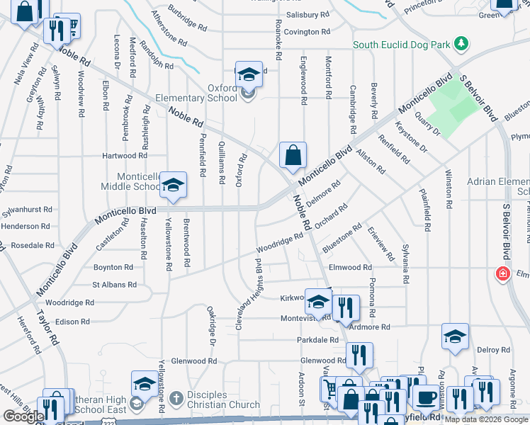 map of restaurants, bars, coffee shops, grocery stores, and more near 3777 Monticello Boulevard in Cleveland Heights