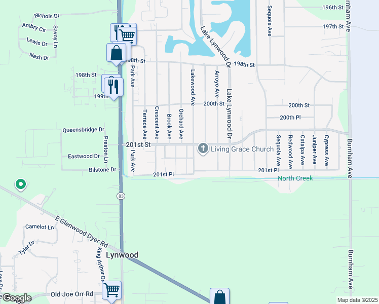 map of restaurants, bars, coffee shops, grocery stores, and more near 20117 Oak Lane in Lynwood