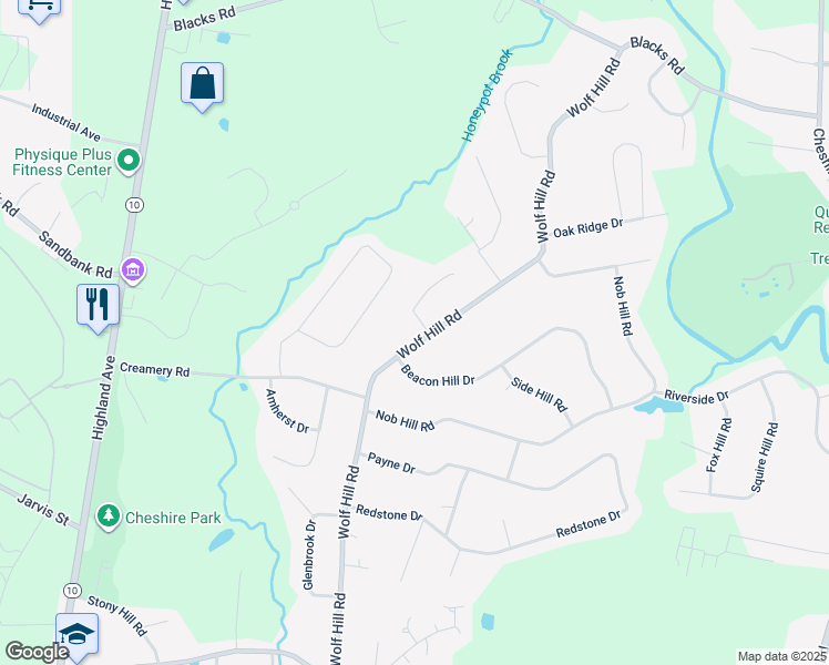 map of restaurants, bars, coffee shops, grocery stores, and more near 25 Wolf Hill Court in Cheshire