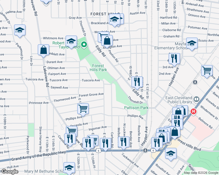 map of restaurants, bars, coffee shops, grocery stores, and more near 1037 Carlyon Road in East Cleveland