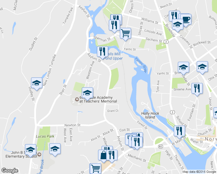 map of restaurants, bars, coffee shops, grocery stores, and more near 258 Asylum Street in Norwich
