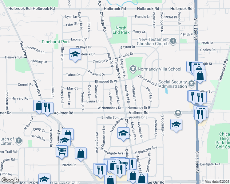 map of restaurants, bars, coffee shops, grocery stores, and more near 135 Kathleen Lane in Chicago Heights