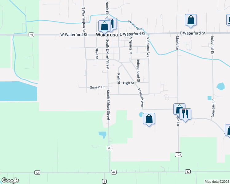 map of restaurants, bars, coffee shops, grocery stores, and more near 120 Railroad Street in Wakarusa