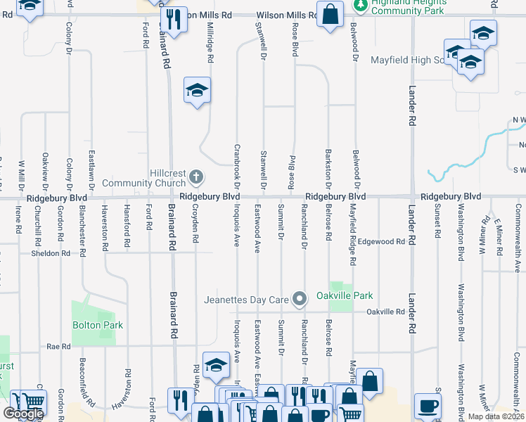map of restaurants, bars, coffee shops, grocery stores, and more near 1117 Eastwood Avenue in Mayfield Heights