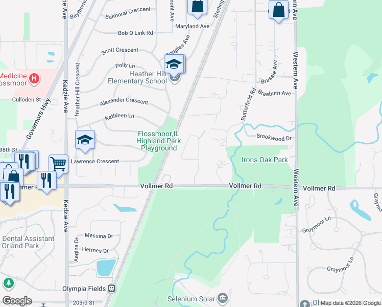 map of restaurants, bars, coffee shops, grocery stores, and more near 1740 Lake Drive in Flossmoor