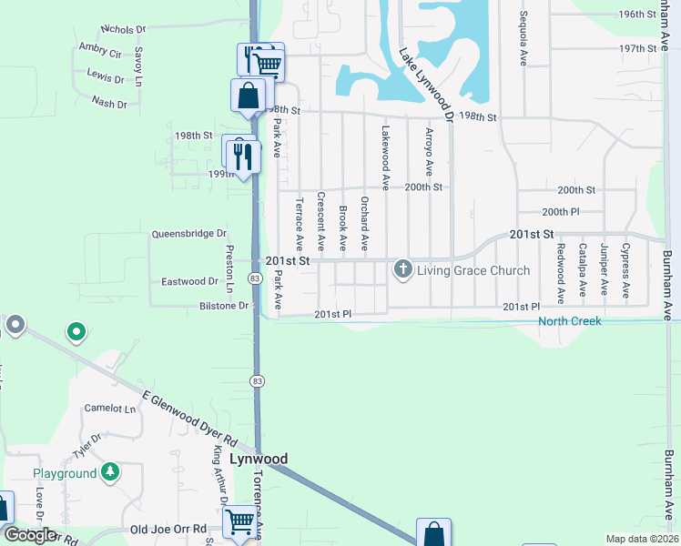 map of restaurants, bars, coffee shops, grocery stores, and more near 20079 Crescent Avenue in Lynwood
