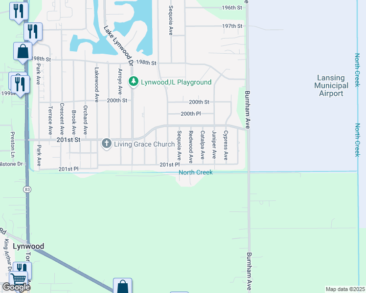 map of restaurants, bars, coffee shops, grocery stores, and more near 20129 Sequoia Avenue in Chicago Heights