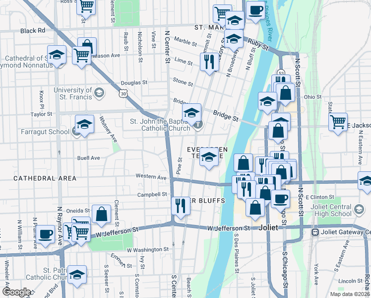 map of restaurants, bars, coffee shops, grocery stores, and more near 349 Pine Street in Joliet