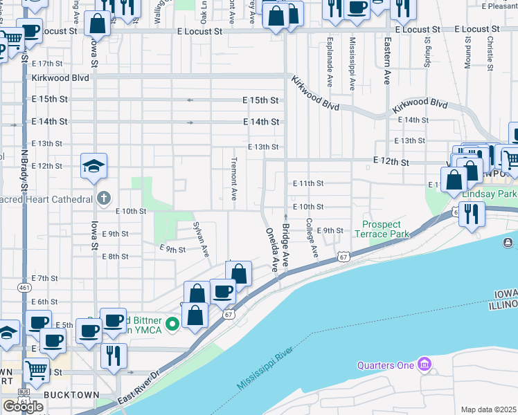 map of restaurants, bars, coffee shops, grocery stores, and more near 1004 Oneida Avenue in Davenport