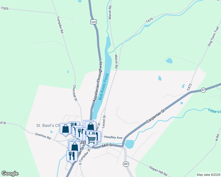 map of restaurants, bars, coffee shops, grocery stores, and more near Marsh Road in Dushore