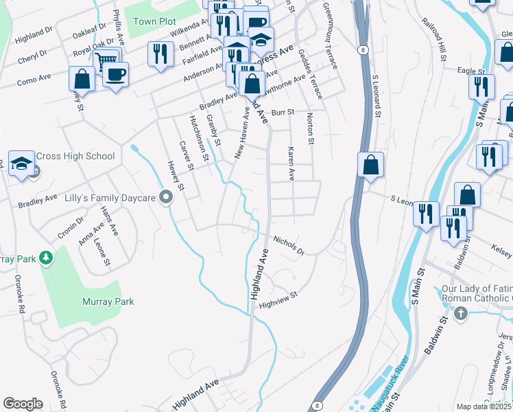 map of restaurants, bars, coffee shops, grocery stores, and more near 49 Elmview Circle in Waterbury
