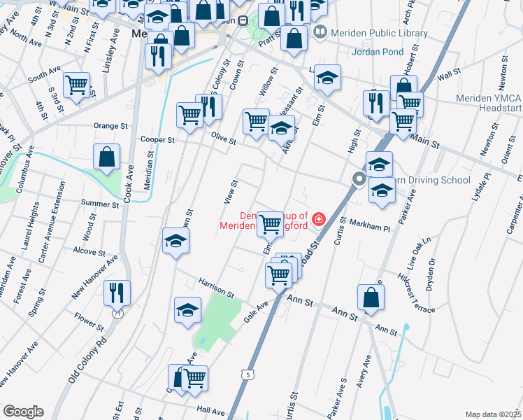 map of restaurants, bars, coffee shops, grocery stores, and more near 77 Oak Street in Meriden