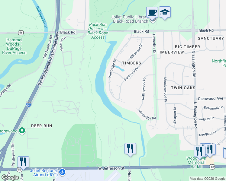map of restaurants, bars, coffee shops, grocery stores, and more near 3611 Bankview Drive in Joliet