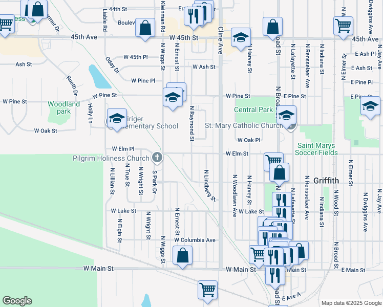 map of restaurants, bars, coffee shops, grocery stores, and more near 500 North Raymond Street in Griffith