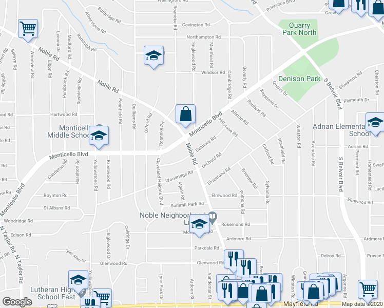 map of restaurants, bars, coffee shops, grocery stores, and more near Noble Road in Cleveland Heights