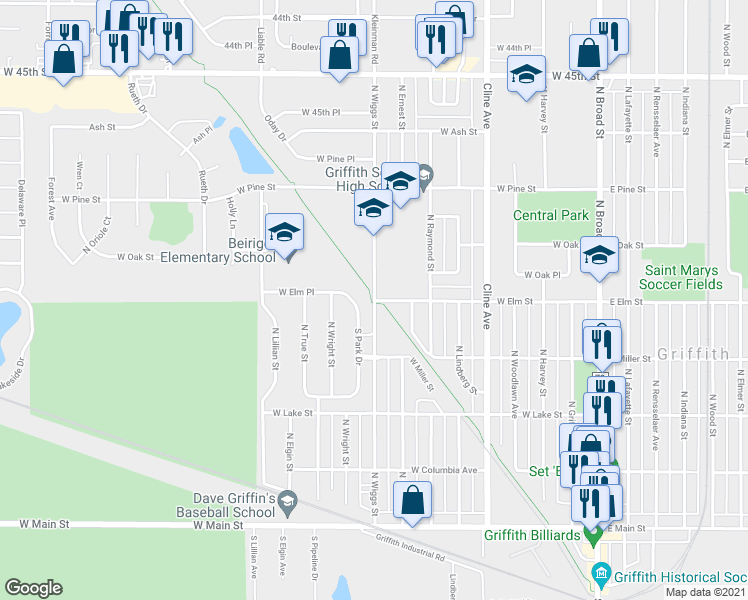 map of restaurants, bars, coffee shops, grocery stores, and more near 450 North Wiggs Street in Griffith