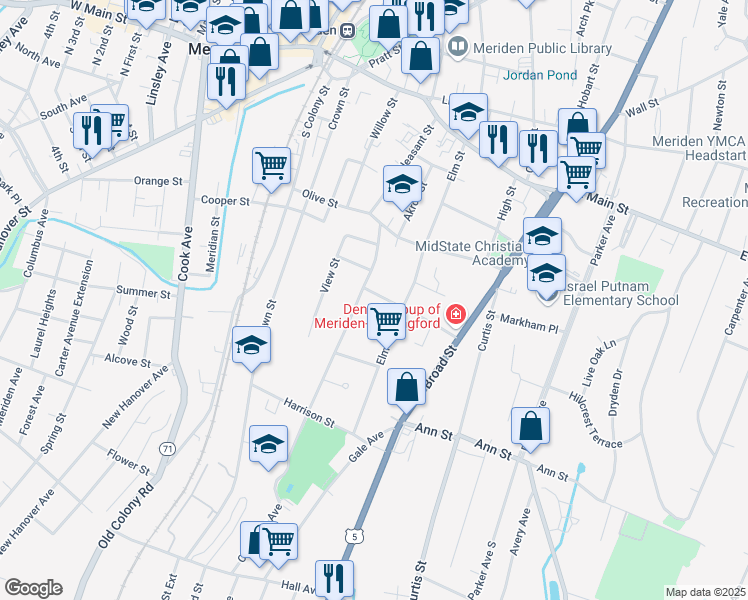 map of restaurants, bars, coffee shops, grocery stores, and more near 77 Oak Street in Meriden