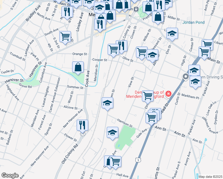 map of restaurants, bars, coffee shops, grocery stores, and more near 282 South Colony Street in Meriden
