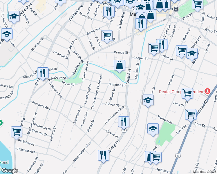 map of restaurants, bars, coffee shops, grocery stores, and more near 77 Summer Street in Meriden