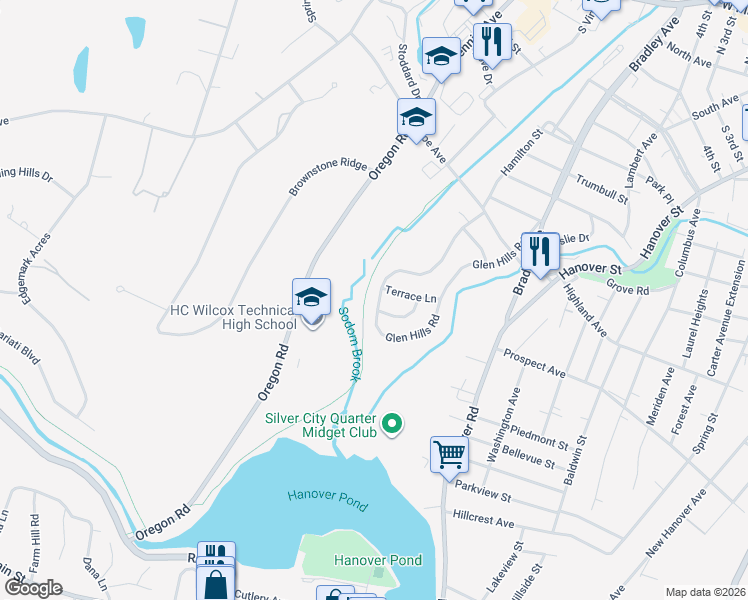 map of restaurants, bars, coffee shops, grocery stores, and more near 250 Glen Hills Road in Meriden