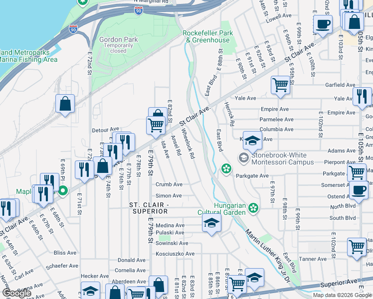 map of restaurants, bars, coffee shops, grocery stores, and more near 325 Wheelock Road in Cleveland