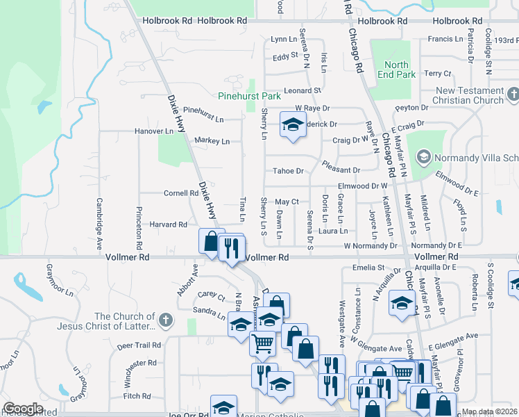 map of restaurants, bars, coffee shops, grocery stores, and more near 1723 Tina Lane in Flossmoor