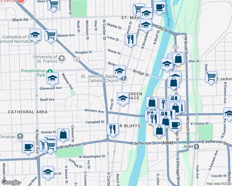 map of restaurants, bars, coffee shops, grocery stores, and more near 349 Pine Street in Joliet