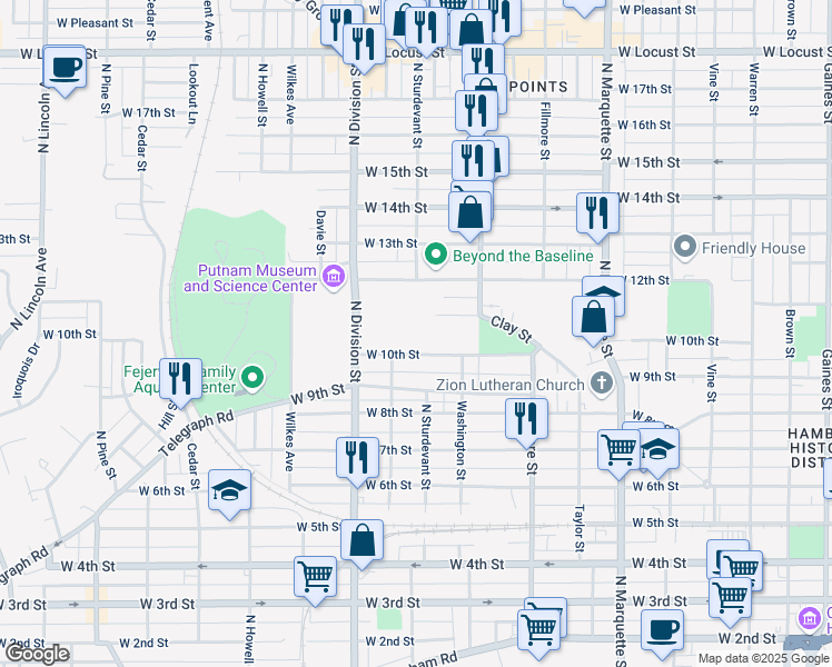 map of restaurants, bars, coffee shops, grocery stores, and more near 1539 Clay Street in Davenport