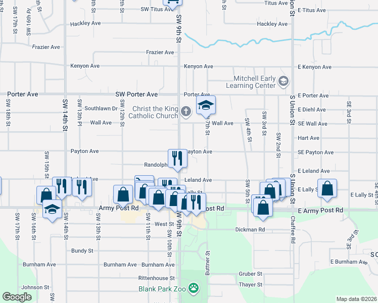 map of restaurants, bars, coffee shops, grocery stores, and more near 5915 Southwest 9th Street in Des Moines