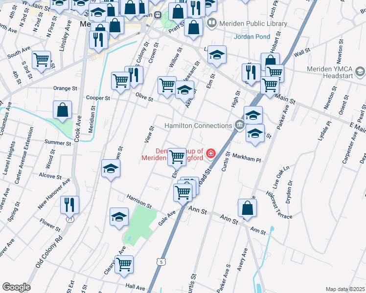 map of restaurants, bars, coffee shops, grocery stores, and more near 199 Elm Street in Meriden