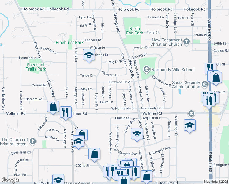 map of restaurants, bars, coffee shops, grocery stores, and more near 135 Grace Lane in Chicago Heights