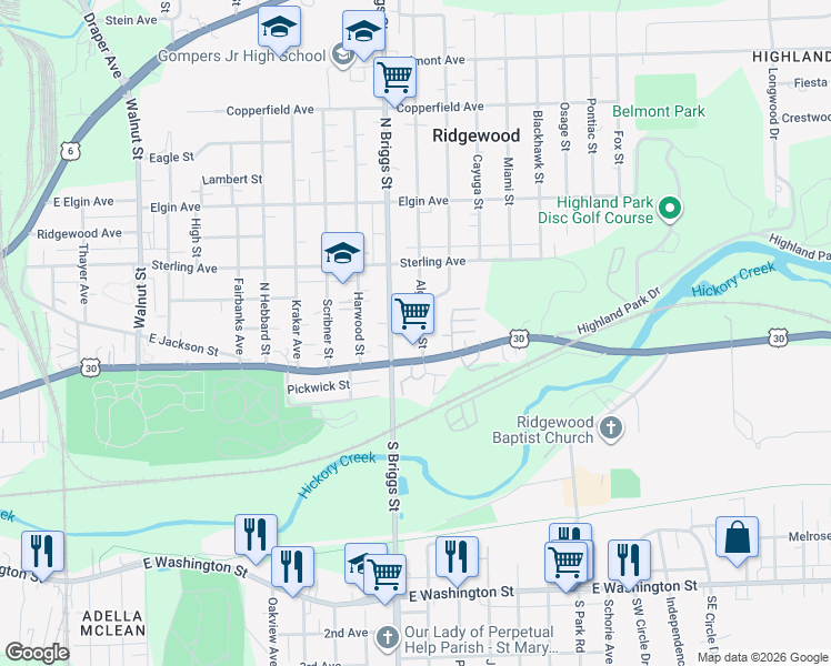 map of restaurants, bars, coffee shops, grocery stores, and more near 241 Algonquin Street in Joliet