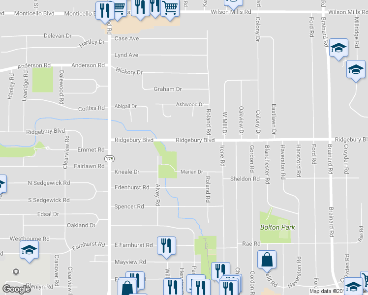map of restaurants, bars, coffee shops, grocery stores, and more near 5244 Ridgebury Boulevard in Lyndhurst
