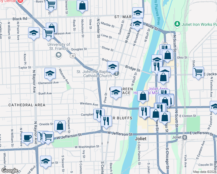 map of restaurants, bars, coffee shops, grocery stores, and more near 344 Pine Street in Joliet