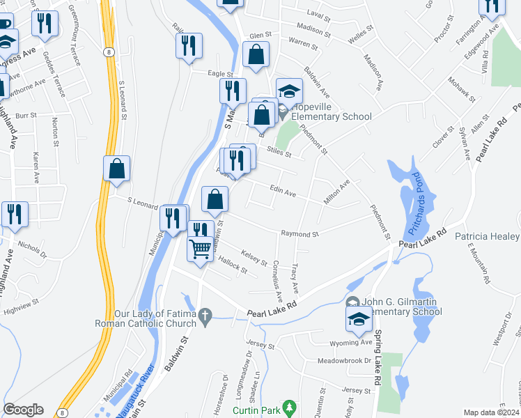 map of restaurants, bars, coffee shops, grocery stores, and more near 22 Wadsworth Street in Waterbury
