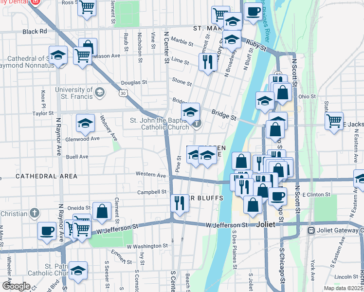 map of restaurants, bars, coffee shops, grocery stores, and more near 342 Pine Street in Joliet