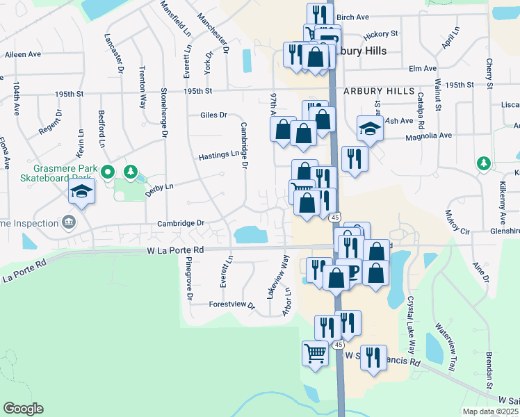 map of restaurants, bars, coffee shops, grocery stores, and more near 19784 Ascot Place in Mokena