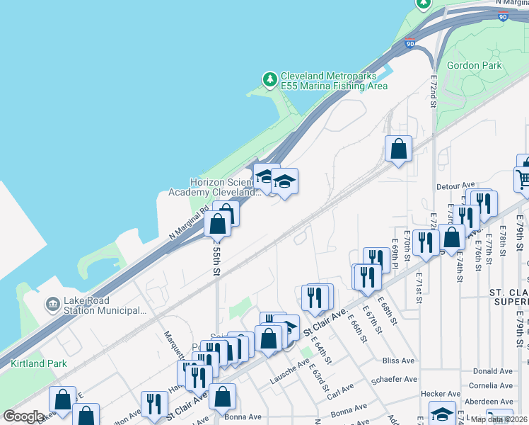map of restaurants, bars, coffee shops, grocery stores, and more near 5800 South Marginal Road in Cleveland