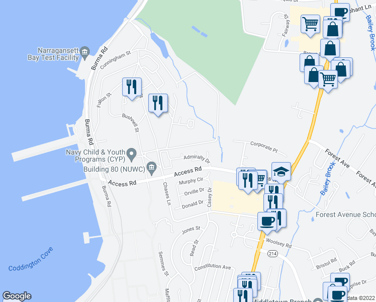 map of restaurants, bars, coffee shops, grocery stores, and more near 7 Admiralty Drive in Middletown
