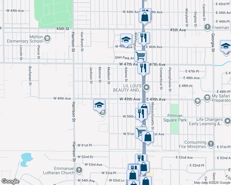 map of restaurants, bars, coffee shops, grocery stores, and more near 4837 Madison Street in Gary