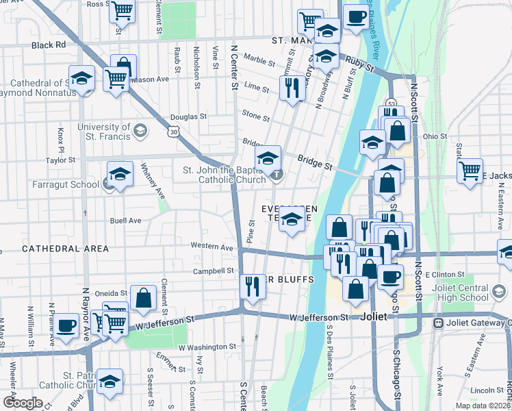 map of restaurants, bars, coffee shops, grocery stores, and more near 344 Pine Street in Joliet