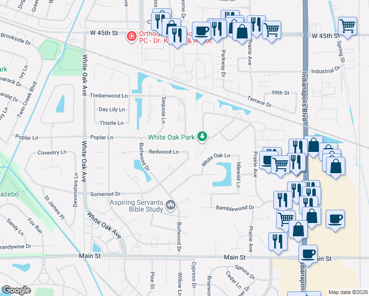 map of restaurants, bars, coffee shops, grocery stores, and more near 1932 Briarwood Cir in Munster