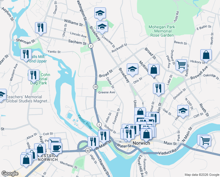 map of restaurants, bars, coffee shops, grocery stores, and more near 6 Peggy Lane in Norwich