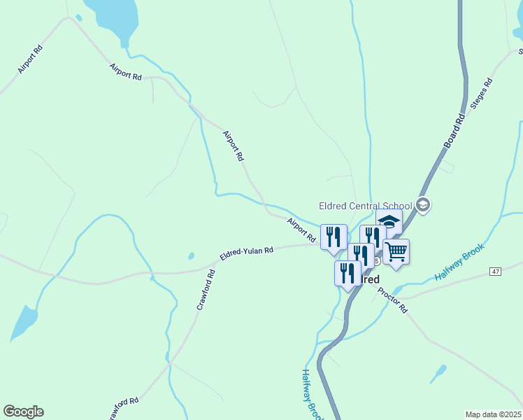 map of restaurants, bars, coffee shops, grocery stores, and more near 21 Airport Road in Eldred