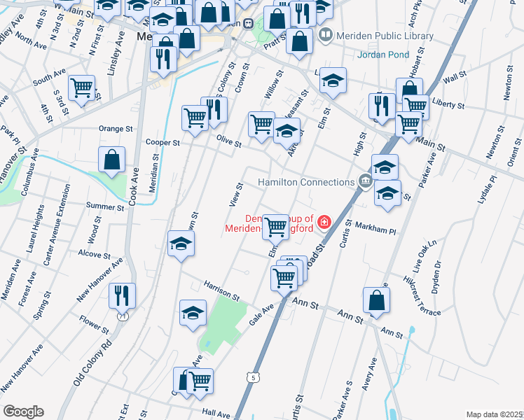 map of restaurants, bars, coffee shops, grocery stores, and more near 77 Oak Street in Meriden