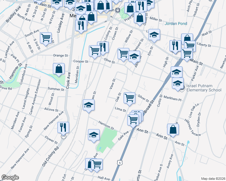 map of restaurants, bars, coffee shops, grocery stores, and more near 97 View Street in Meriden