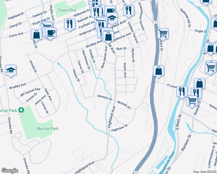 map of restaurants, bars, coffee shops, grocery stores, and more near 64 Tedesco Drive in Waterbury