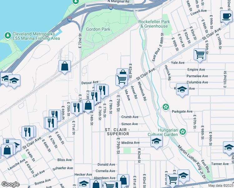 map of restaurants, bars, coffee shops, grocery stores, and more near in Cleveland