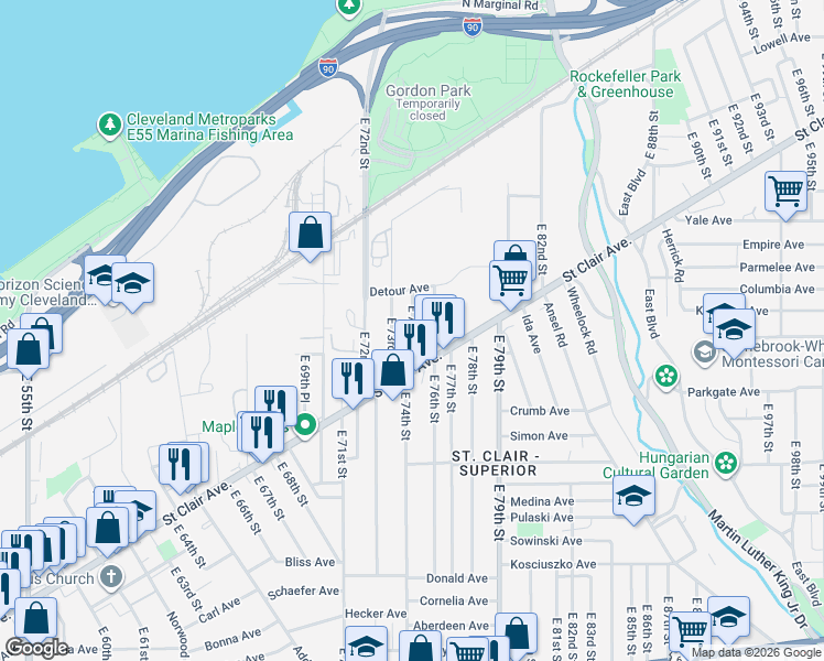 map of restaurants, bars, coffee shops, grocery stores, and more near 885 East 73rd Street in Cleveland