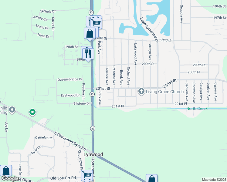 map of restaurants, bars, coffee shops, grocery stores, and more near 20079 Crescent Avenue in Lynwood